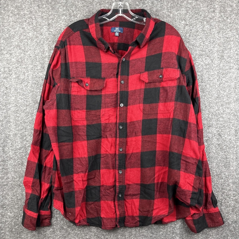 George Flannel Shirt Adult 2XL XXL Red Black Check Long Sleeve Cotton Men 50-52